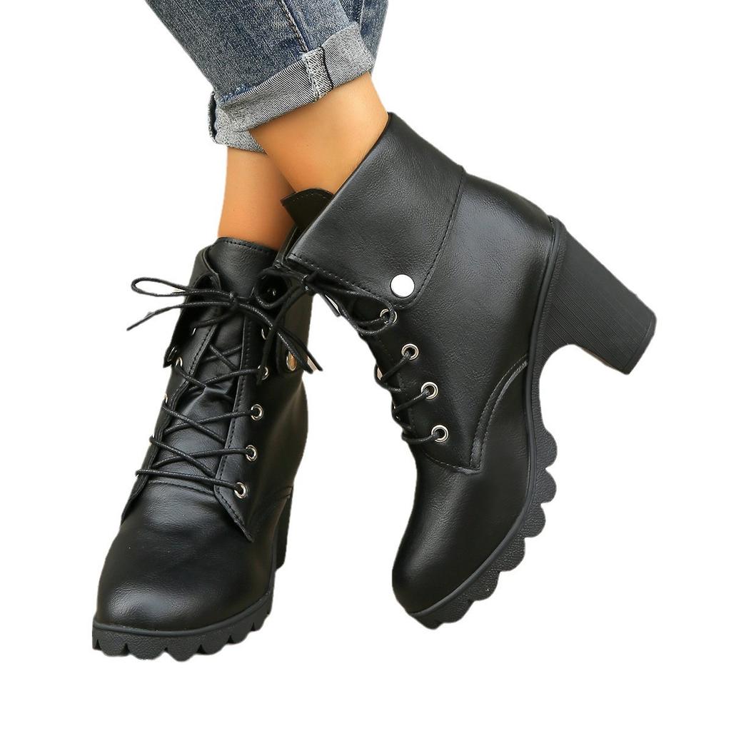 Short Boots Autumn and Winter New European and American Large Size Short Boots High Heel Round Head Lace-up Thick Heel Martin Boots
