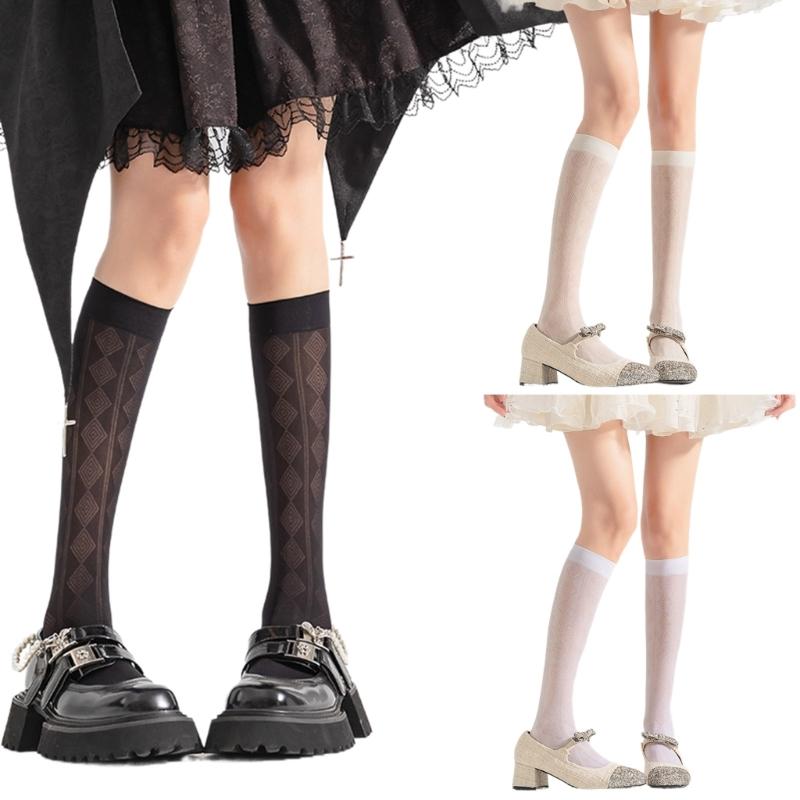 Summer Thin Silk Solid Over the Calf Socks for Womens Japanese Style JK Diamond Striped Pattern Student Long Stockings