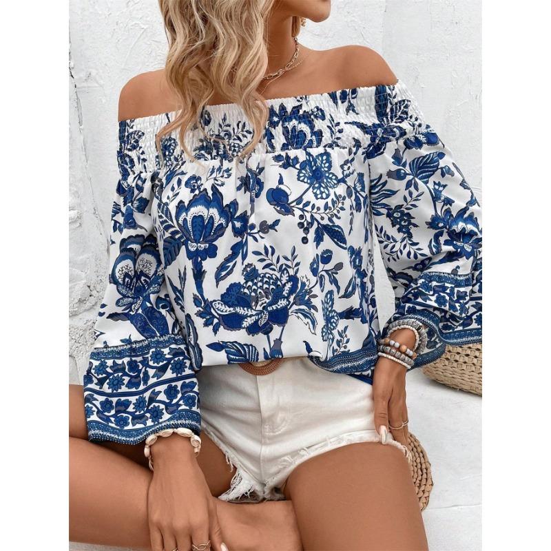 

Женская футболка весна-лето на одно плечо без бретелек с цветочным принтом XXL синий