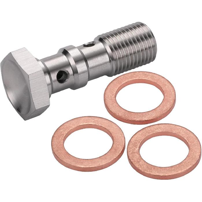 M10x1.0 Metric Stainless Steel Double Banjo Bolt Brake Fitting Adapter 30mm Long with Copper Washers