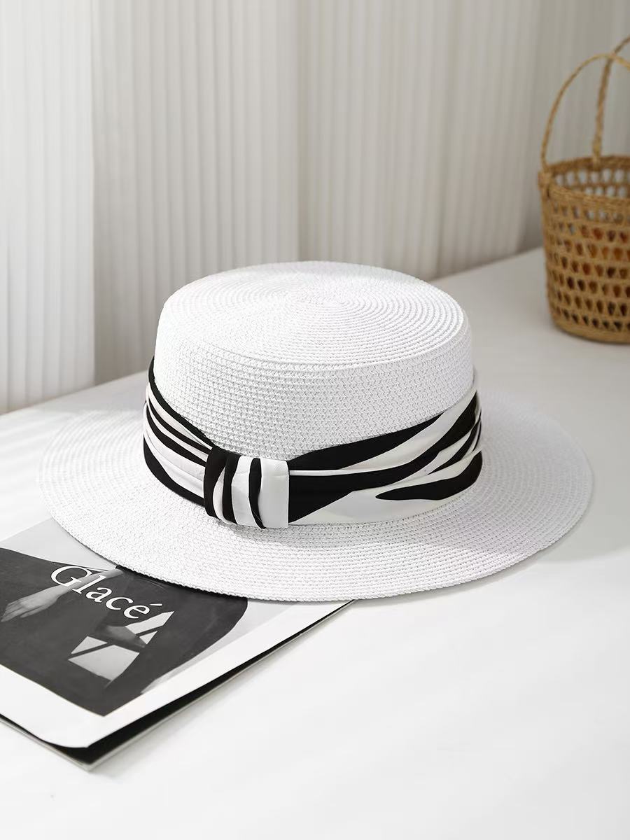 Flat top top hat women s summer French fashion new straw sun hat seaside sun shade straw hat One size fits all, adjustable белый