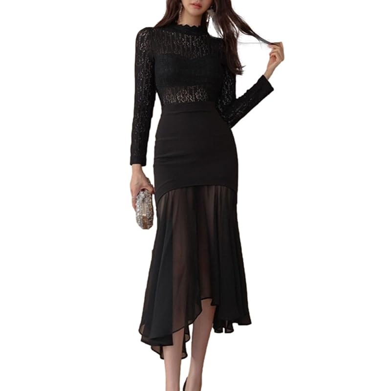 

[ISLAYCAOLILA] cabaret dress mini dress club dress party dress one piece long See-through flare Sheer long sleeve tight mini ladies EL3 elmina (XL,