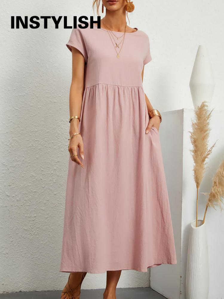 Vintage Solid Midi Dress Casual Short Sleeve Cotton and Linen Harajuku Oversized Long Dress Women Summer Y2K Maxi Sundress 2023