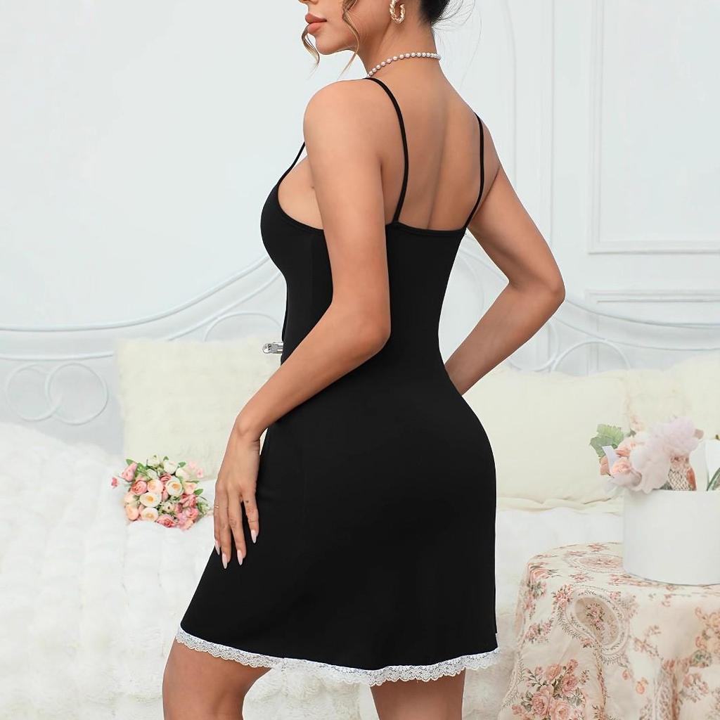 Cross-border Lace Trim Sleeveless Backless Short Slip Nightgown for Women
