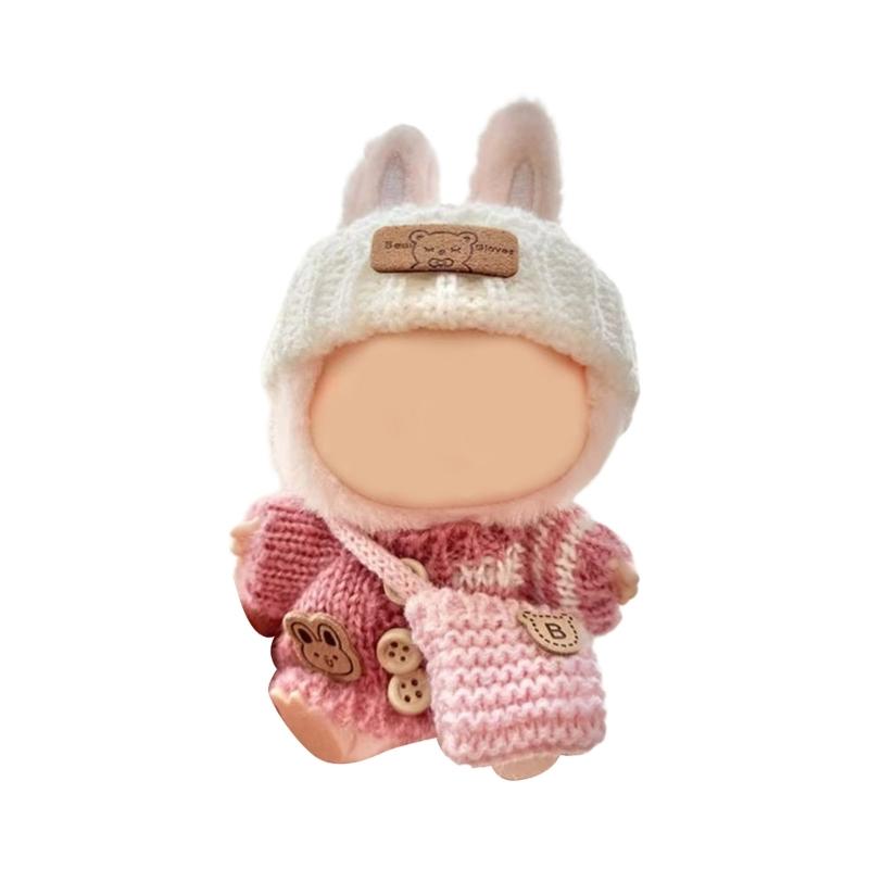 Stilvolles Strickbekleidungsset für 17cm Puppen mit modischem Pullover, Mütze und Tasche. Großartig für Sammler- und Kinderpuppen.
