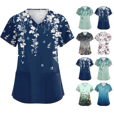 Women's Cute Printed Work Clothes V-neck Double Layer Pockets Basic Short Sleeve Top Pullover