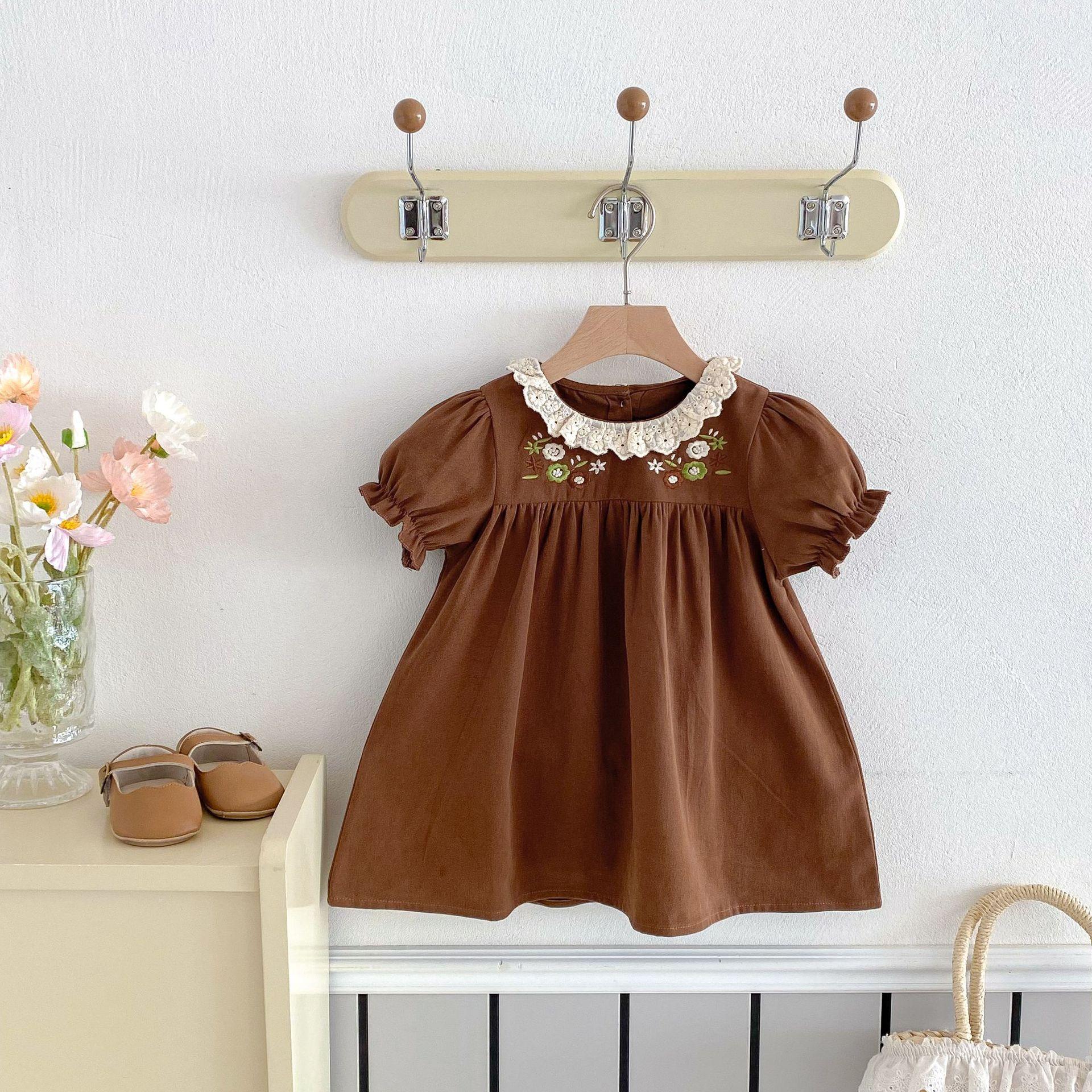 Girls Summer Dress with Ruffled Collar and Embroidery for Little Princesses, Short Sleeve Princess Dress for Outdoor Wear 80cm