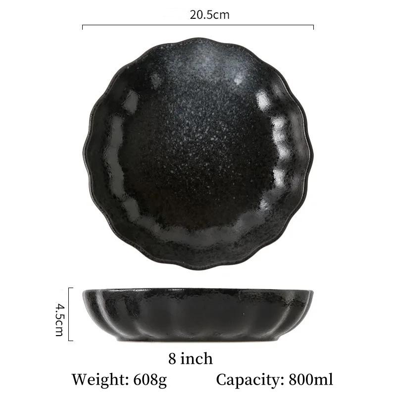 

Simplicity Black Circle Salad Dinner Plate Under-Glazed Ceramic Dessert Tray Soup Pasta Dish Anti-Slip Dinnerware Microwave Safe 8 inches