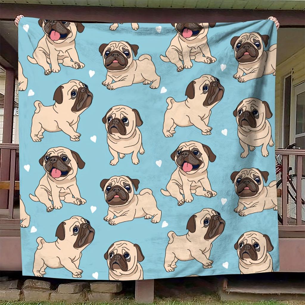 Cute Pug Dog Print Throw Blanket - Adorable Pet Animal Motif Soft Lightweight Accent for Sofa Bed Travel Office Gift