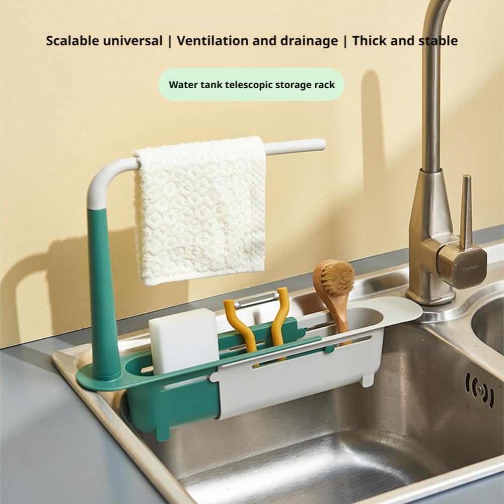 Multifunctional Telescopic Sink Caddy Drainable Kitchen Organizer with Towel Bar Expandable Sponge Soap Brush Holder