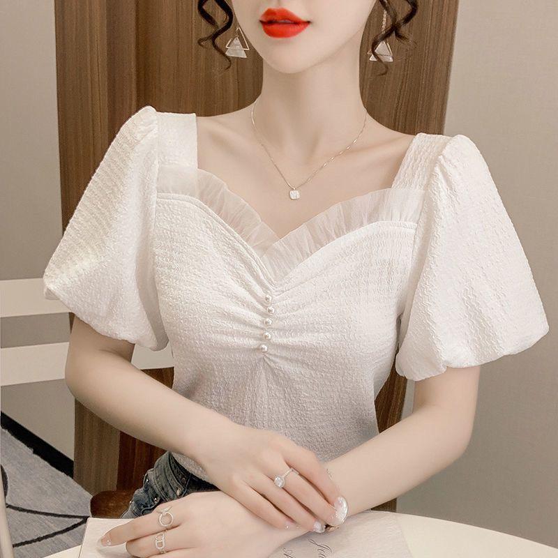 WTEMPO Brand Summer Women's Bubble Sleeve Square Collar Collar Shirt Slim High-waisted Short Top Pearl Decorated V-neck Short Sleeve Shirts