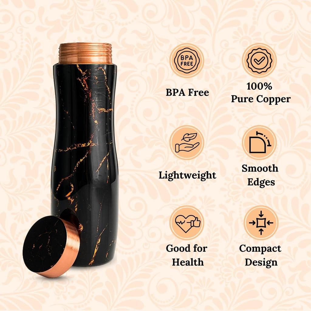 Pure Copper Water Bottle (1 Litre), Leakproof, Pure Copper Water Bottle, Tamba, Health Benefits, Authentic, Durable (Black Marble)