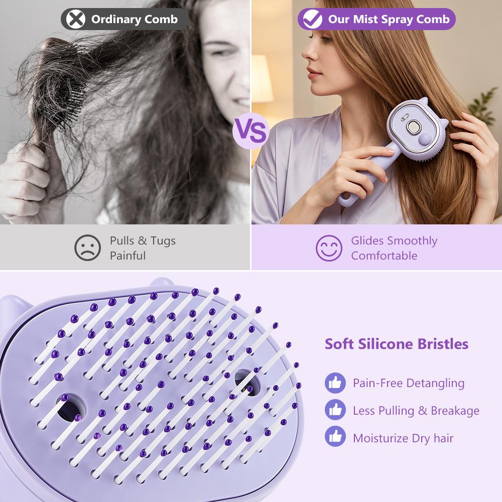 Spray Comb with LED Light 3-in-1 Nano Mist Hair Brush Silicone Massage Comb, Detangling Travel Comb Water Spray Dry Hair Care
