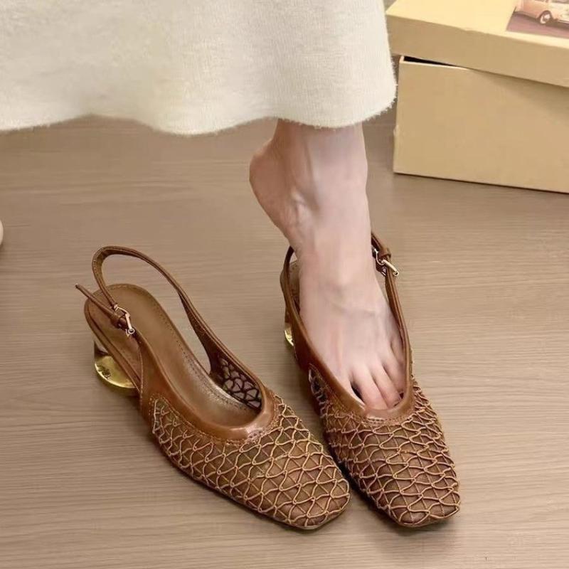 Fashion 2025 Baotou sandals lace edge new Chinese style, simple square head after empty shoes for women, breathable mesh Crystal