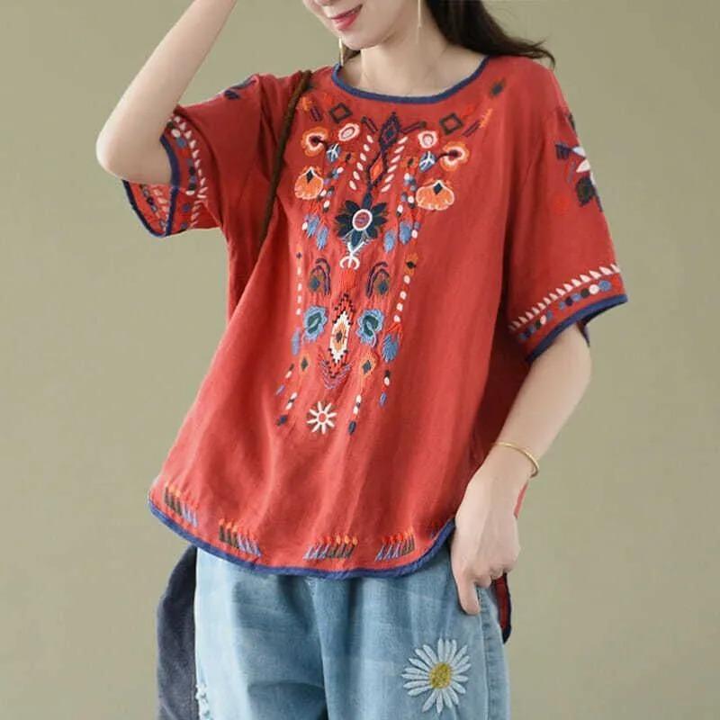 Cotton and Linen Short-sleeved T-shirt Women's Loose Large Size Retro Literary Top Round Neck Embroidered Ethnic Style Summer New Style