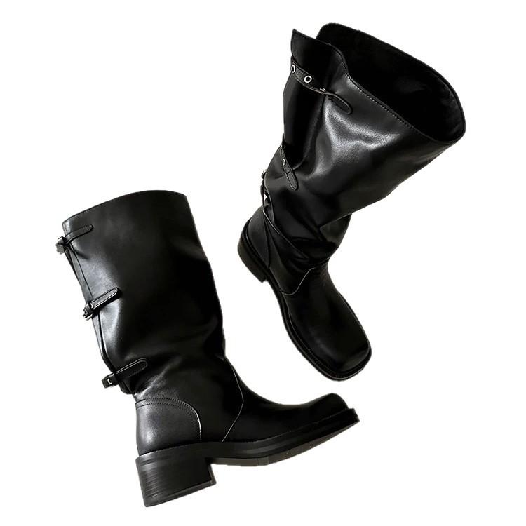 Cowhide Version~ Retro Niche Belt Buckle High Knight Boots Women's 2025 New Thick Heel Boots Cowboy Boots