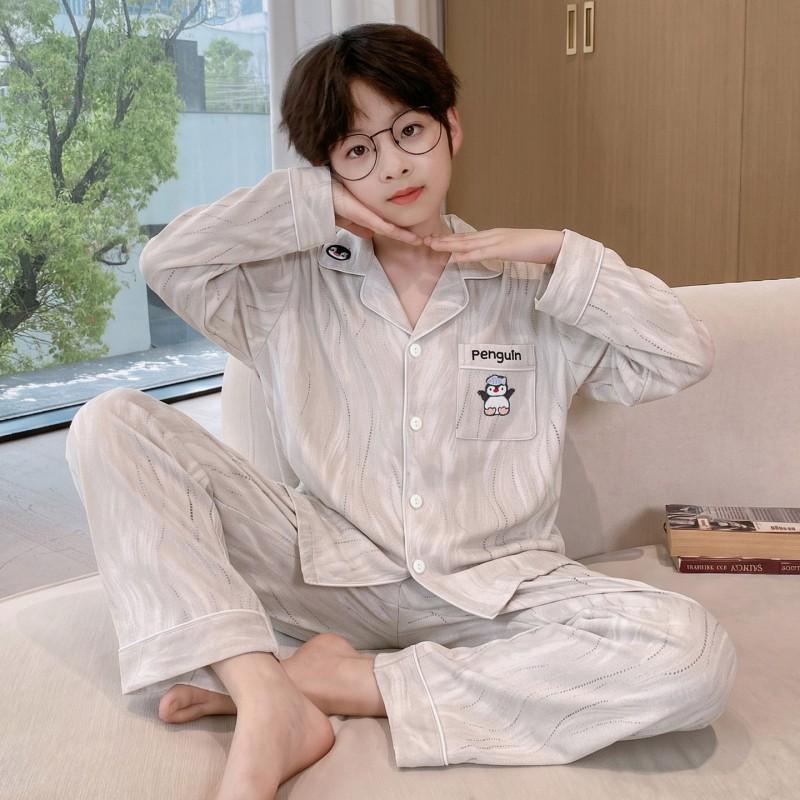 Boys Cotton Pajama Set Long Sleeve Open Front Cartoon Print Home Wear Kids Teens