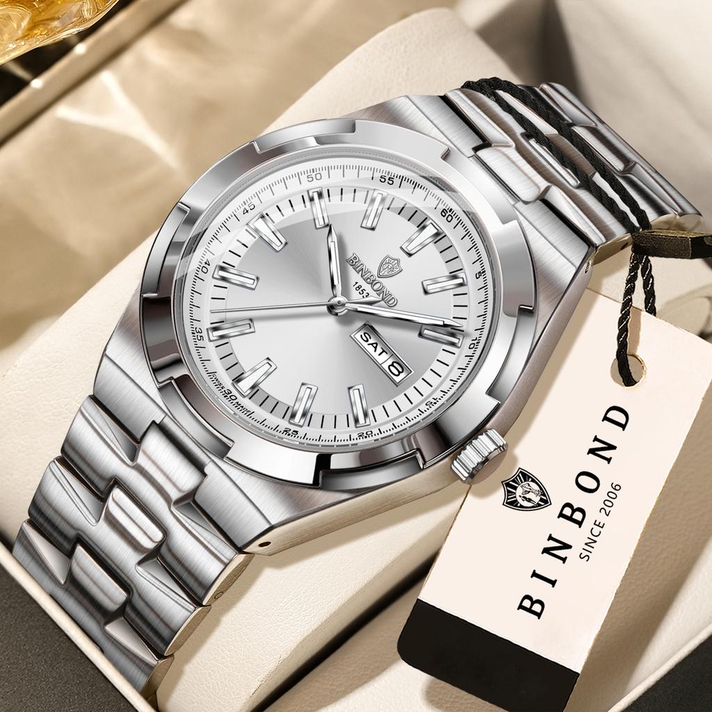BINBOND Sturdy Waterproof Quartz Watch For Men Luxury Auto Date Week Display Luminous Precise Men's Watches Orginal Reloj