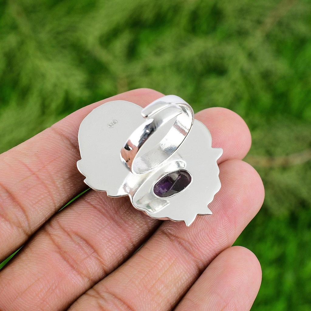 Sterling Silver Natural African Amethyst Wedding Promise Statement Bezel Ring
