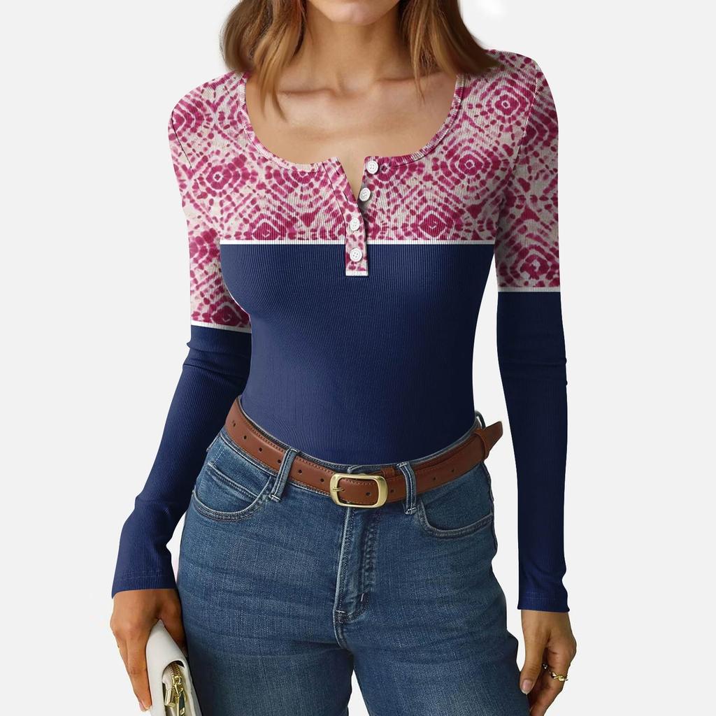 Women's Slim Bottom T-shirt Fashion Casual Gradient Printing Round Neck Pullover Long Sleeve Top