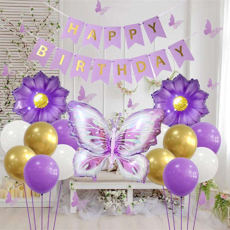 Purple Butterfly-Themed Banner, Flowers, and Aluminum Foil Balloon Set for Birthday Party Decorations