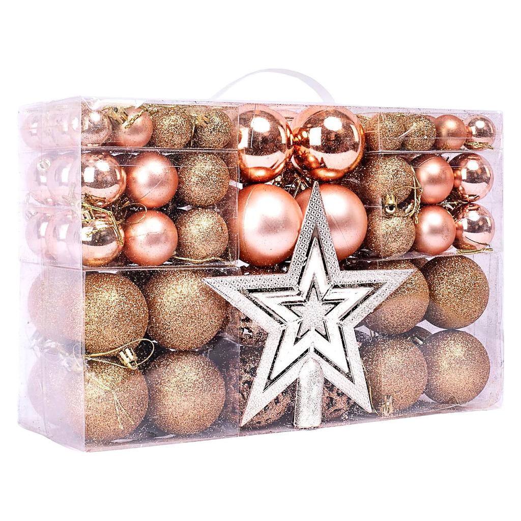 Christmas Tree Decorations Set: 100 Pieces with Tree Topper Star, Letter Tags, Hollow Plastic Balls, and Baubles Ornaments.