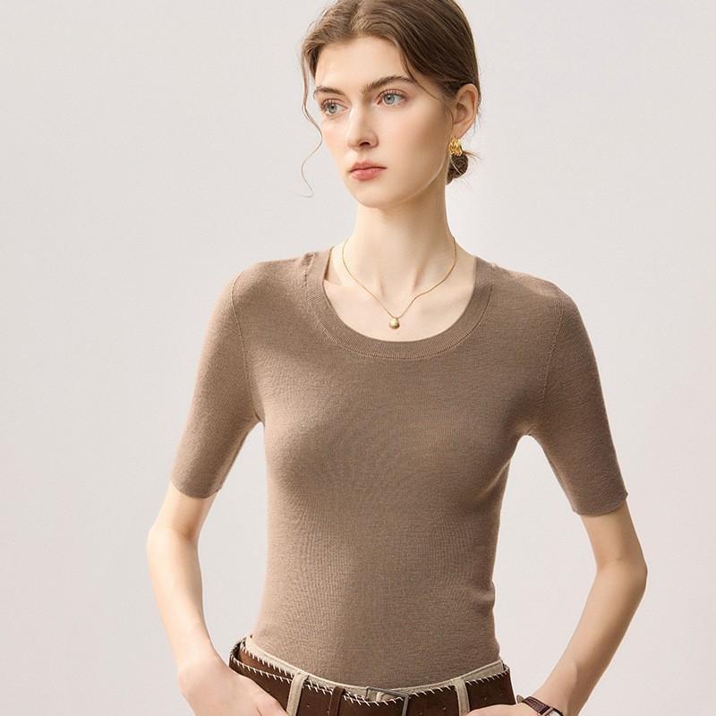Womens 100% Wool Short Sleeve Sweater Slim Fit Round Neck Thin Knit Top