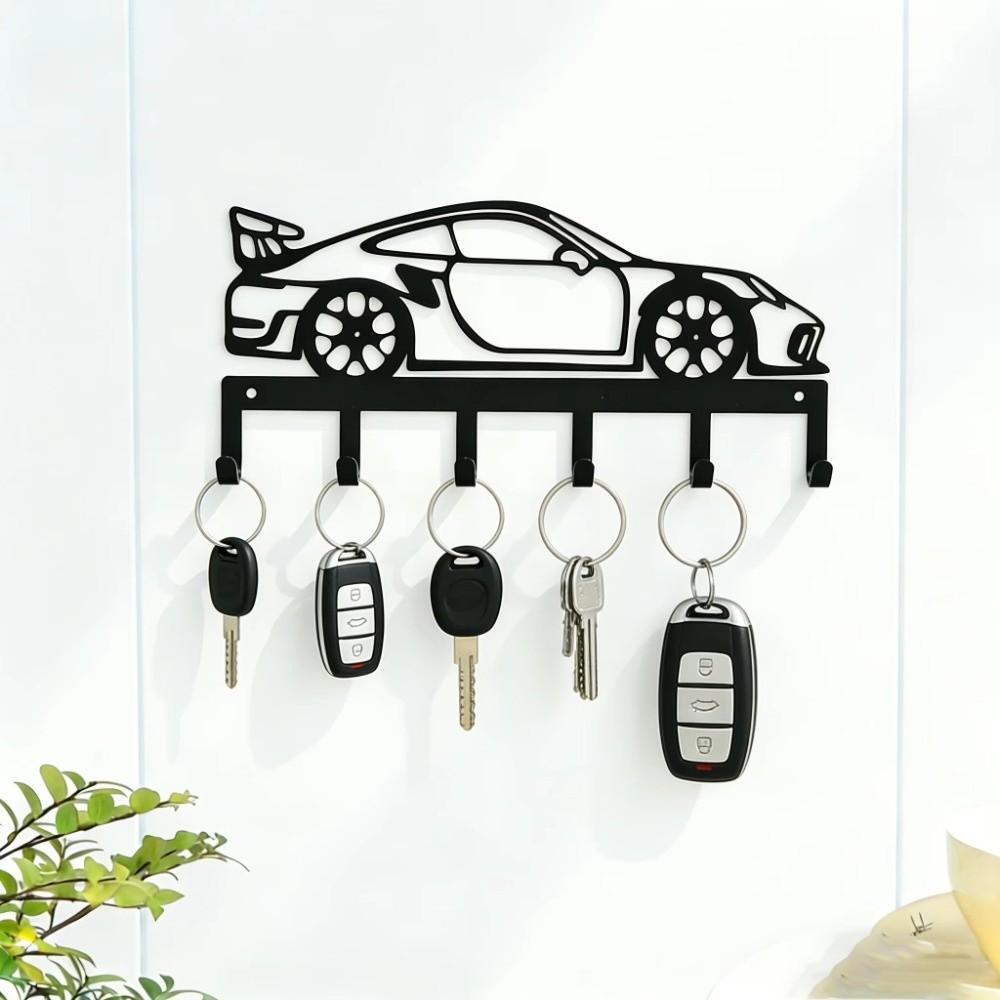 Sturdy 6 Hooks Metal Car Key Holder Black Minimal Cutout Race Car Hook Garage
