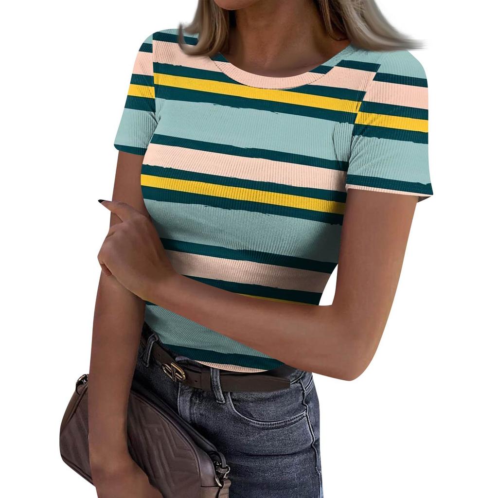 Damen Slim Fit T-Shirt Mode Lässig Rundhals Pullover Kurzarm Top