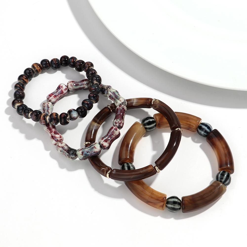 4pcs Bamboo Tube Acrylic Elastic Bracelets for Women Men Boho Resin Ceramic Circle Elbow Beaded Bangle Stack Jewelry Set Gift