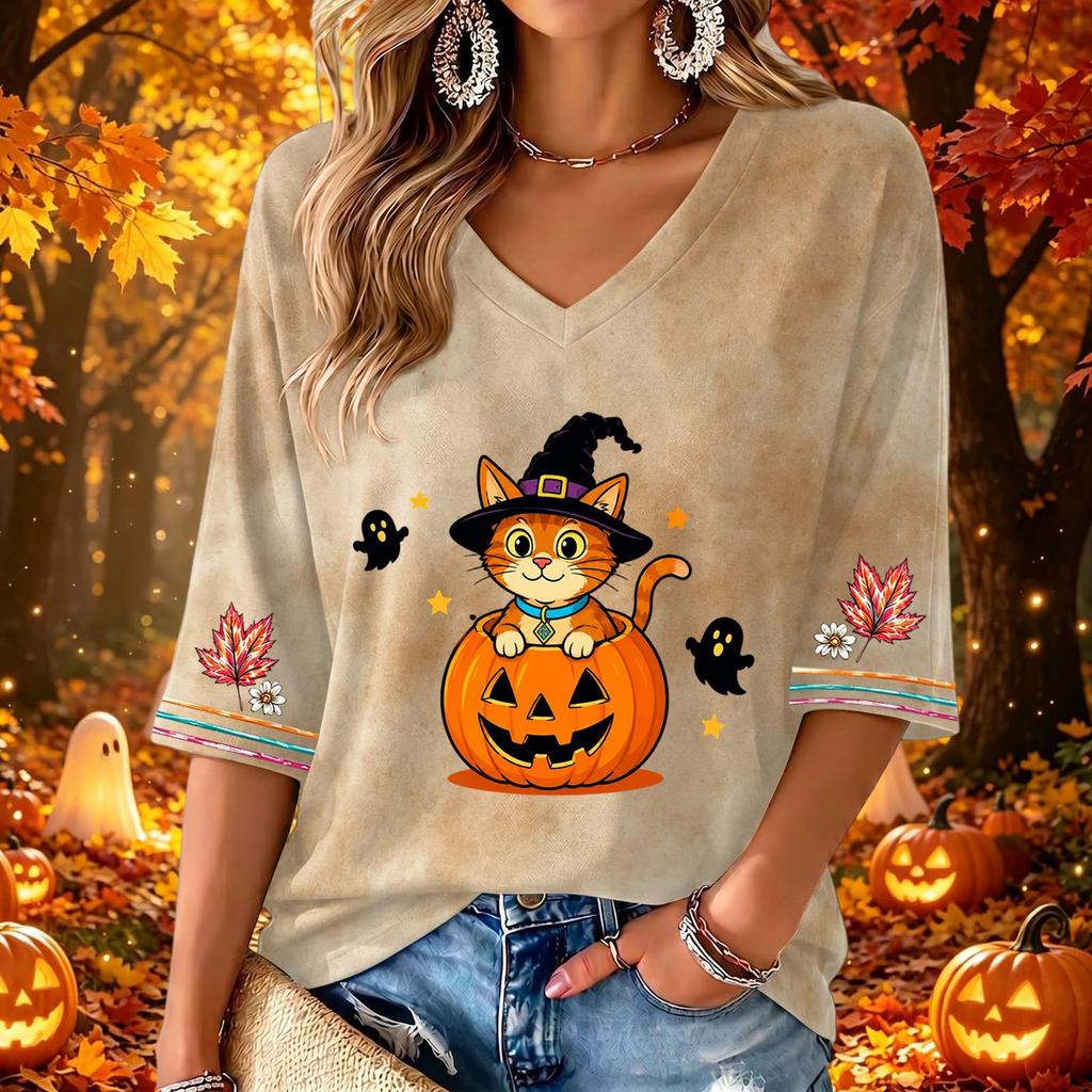 Women's V-Neck Three-Quarter Sleeve Casual Halloween Print Top for Fall Parties