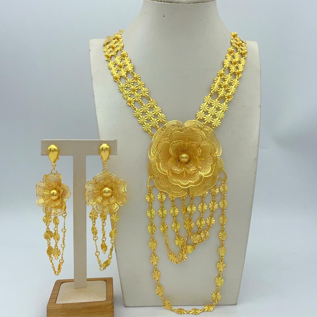 UAE Copper Alloy 24K Gold Necklace Flower Grid Women's Set Jewelry