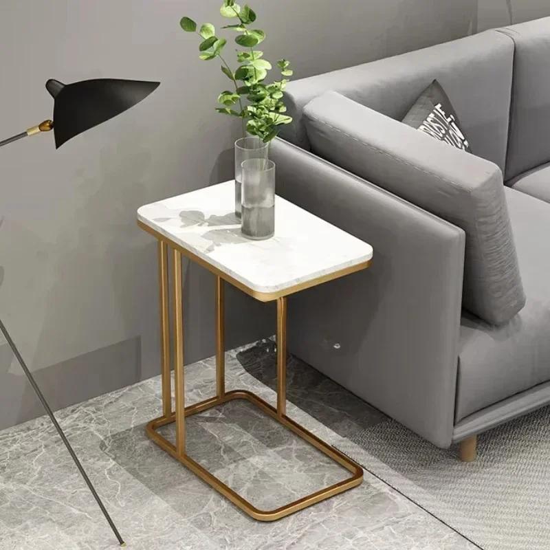 Nordic Golden Iron Coffee Table with Marble Top Minimalist Bedside Small Sofa Shelf Modern Living Room Decor