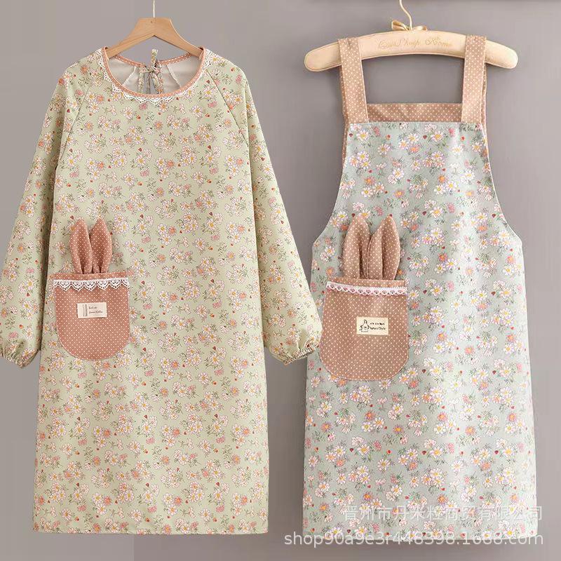 Korean Style Long-Sleeved Canvas Apron for Women - Anti-Fouling, Breathable Kitchen & Catering Overalls