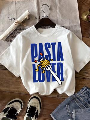 European Sizes -chic New Style 'Pasta Lover' Letter Print Short-sleeved T-shirt for Girls, Soft and Skin-friendly Round Neck Top