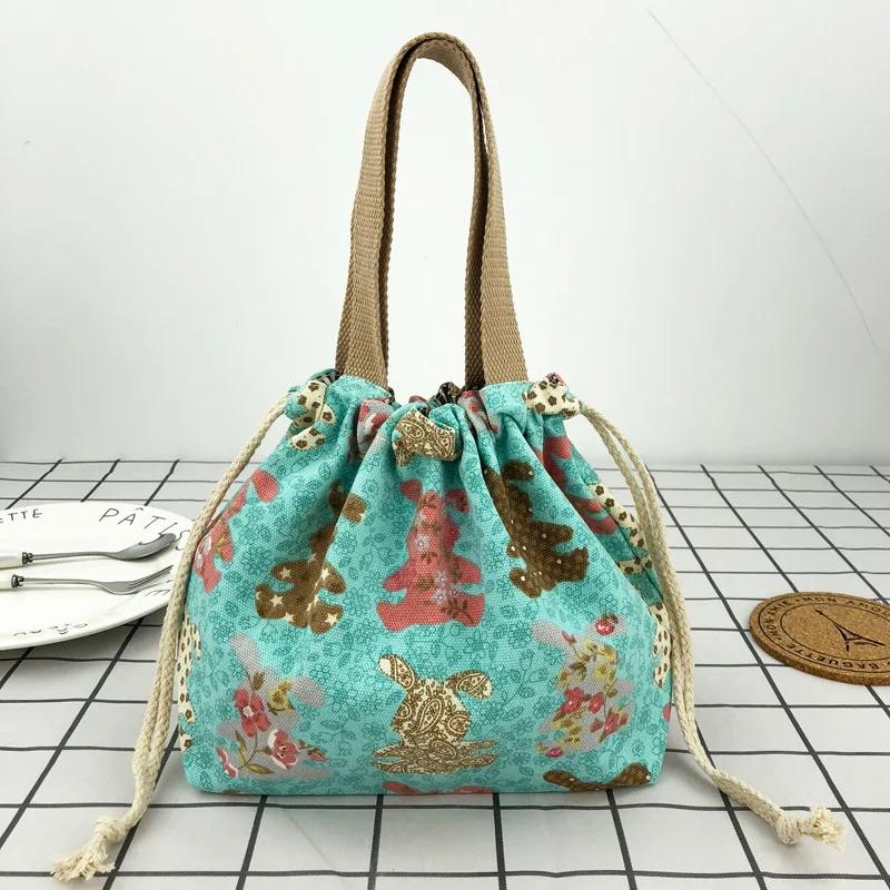 Japanese Cute Bento Bag Handheld Canvas Bag Cartoon Portable Drawstring Cutlery Storage Drawstring Bags for Two Lunch Boxes