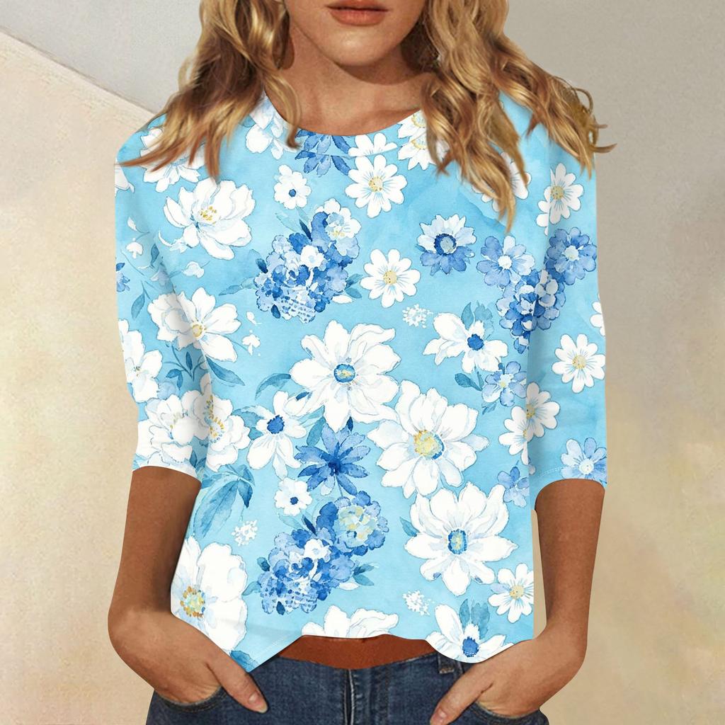 Women's Casual Floral Print Three Quarter Sleeve Top Round Neck Lightweight Blouse for Daily Wear and Comfortable Fit