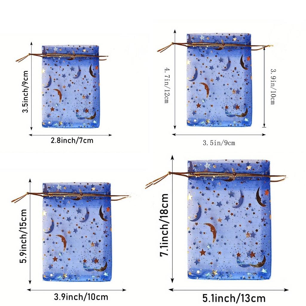 50PCS Moon Stars Drawstring Organza Bags Jewelry Gift Bags Pouches Gold Star Organza Favor Pouches for Christmas Wedding