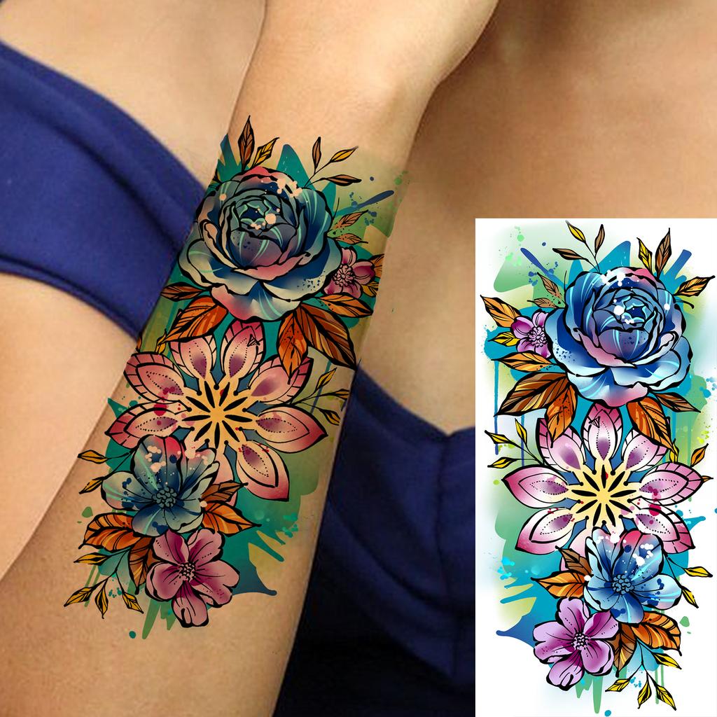 1 Sheet Butterfly Watercolor Flower Tiger Temporary Tattoos For Women Men Adults Fake Phoenix Parrot Lotus Tattoo Sticker Sleeve