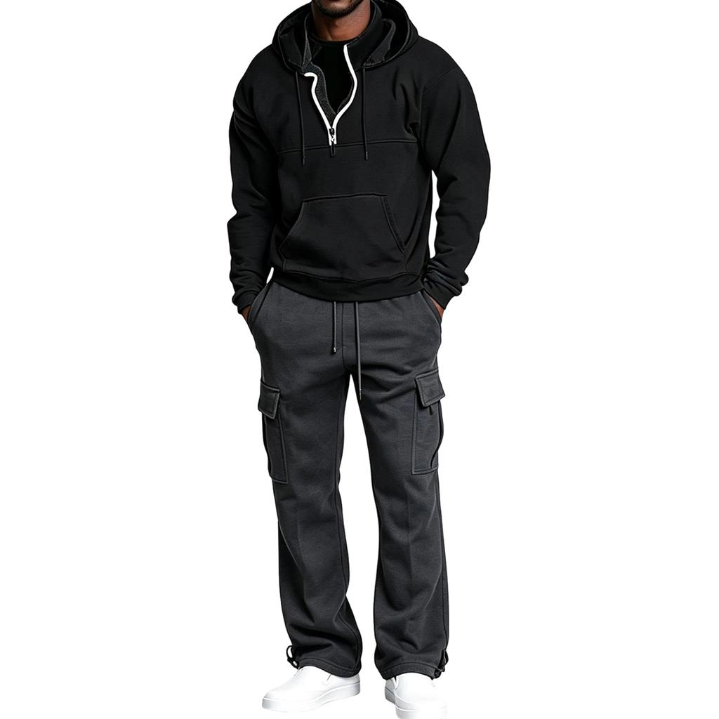 Completo da Uomo con Felpa con Cappuccio e Zip a Metà e Pantaloni Cargo, Outfit Casual in 2 Pezzi per l'Uso Quotidiano