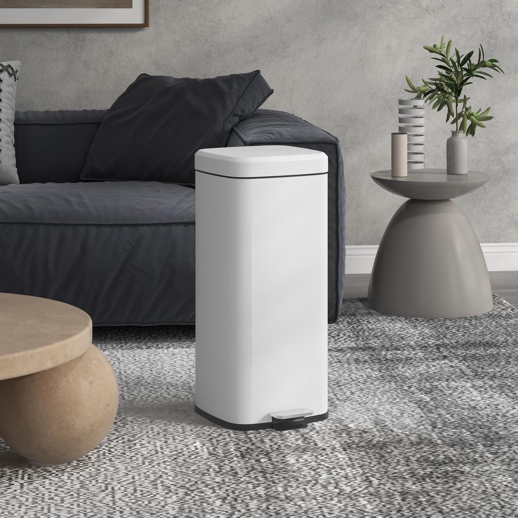 Trash Can 30L, Soft-Close Lid, Fingerprint-Proof, Foot Pedal, Metal/Plastic, 28x35x63.5 Cm, White