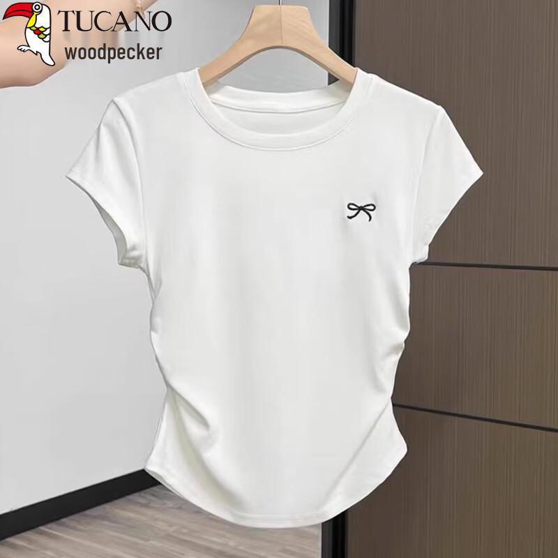 Women s Pleated Waist Embroidered Short Sleeve T-Shirt L