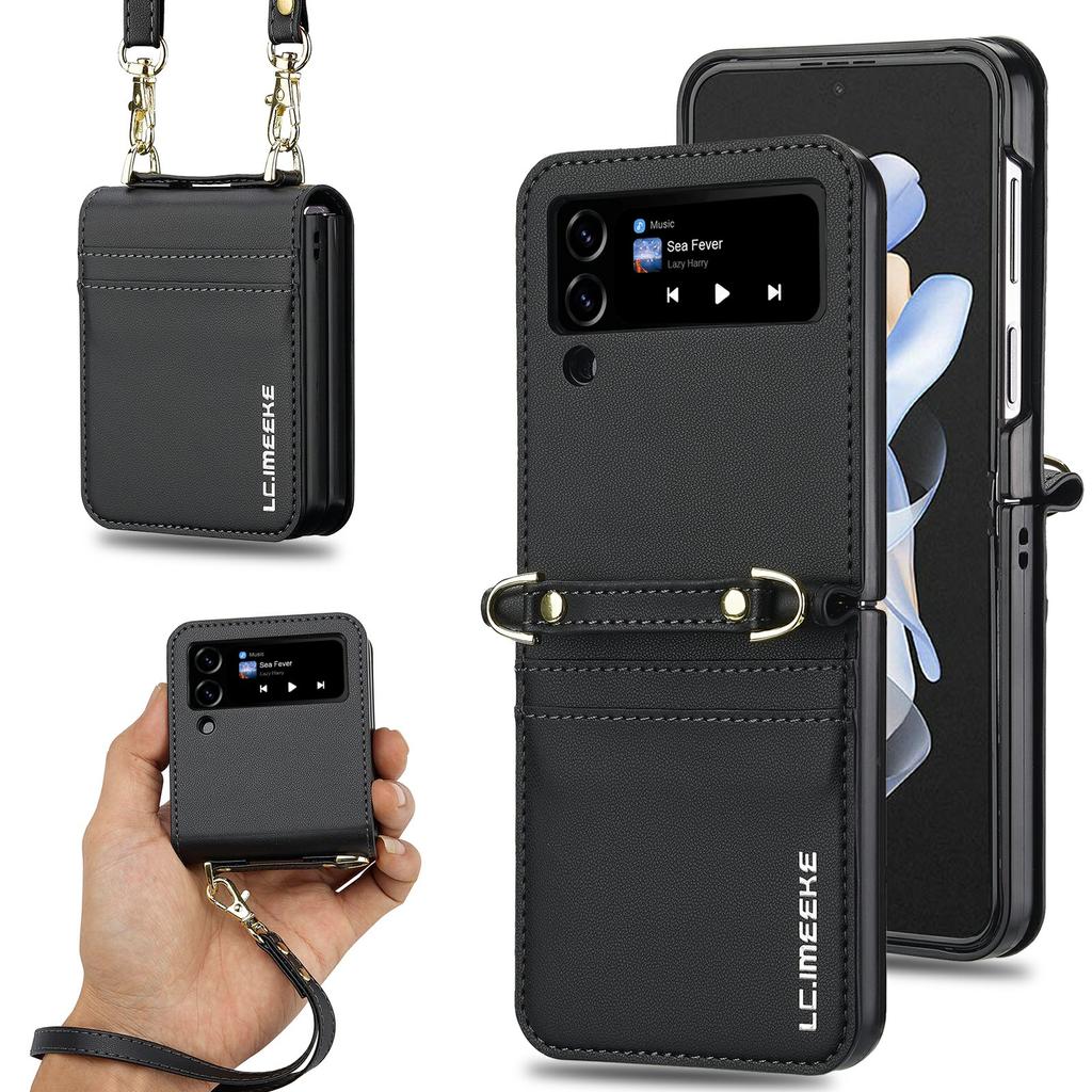 LC.IMEEKE L1 for Samsung Galaxy Z Flip3 5G Case Leather+PC Phone Cover with Straps Card Slots