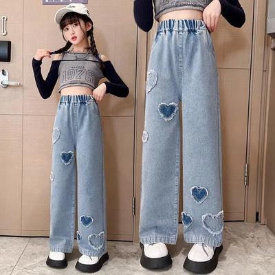 Girls' Spring and Autumn Jeans  Children's Pants Loose Casual Straight Wide-leg Jeans