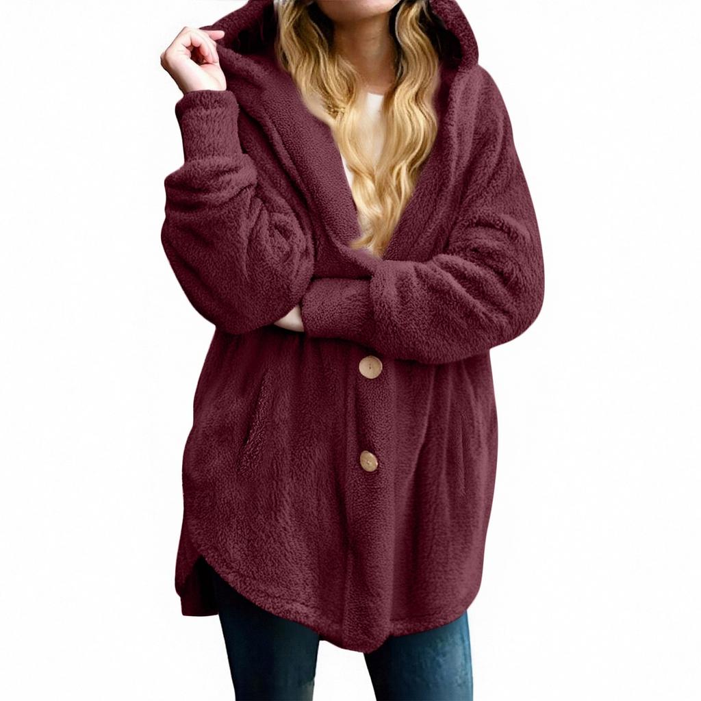 Women's Fashion Solid Color Pocket Button Hooded Loose Casual Plush Jacket