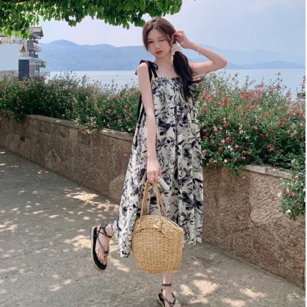 

French Retro Ink Painting Slip Dress - Women s Summer 2025 High-End Beach Vacation Long Dress L Premium