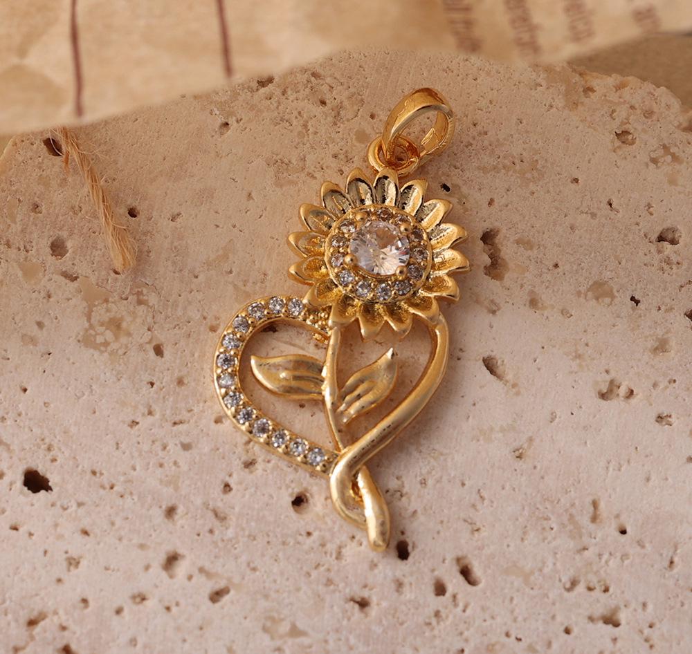 Two-Tone Sunflower Heart Pendant with Cubic Zirconia In Gold/White Gold On Sterling Silver Chain
