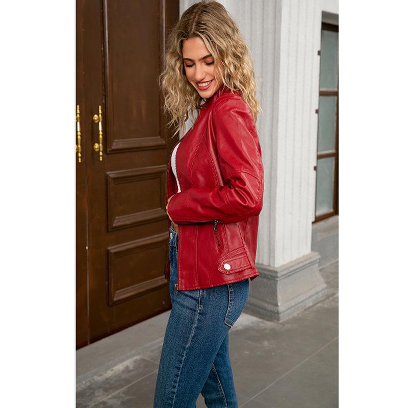 European Women's Slim Fit Leather Jacket Stand Collar Elegant Motorcycle Coat Plus Size