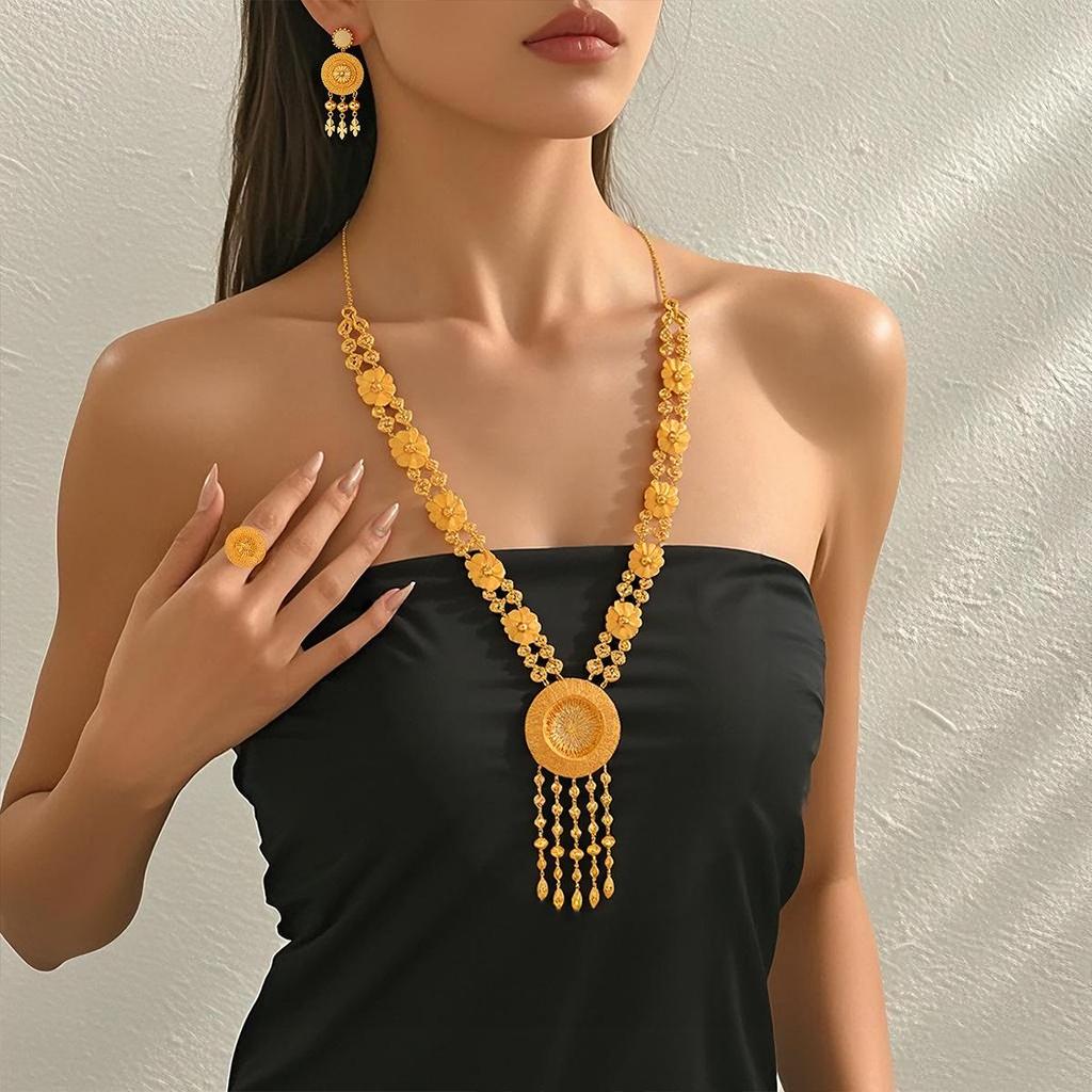Retro Dubai Schmuckset: Hohle Blume Lange Quaste Halskette, Ohrringe und Ring
