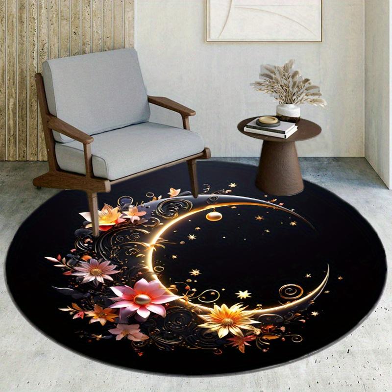 Flower Black Moon Round Rug Nonslip Area Rug Office Chair Mat Carpet For Living Room Bedroom Home Decor